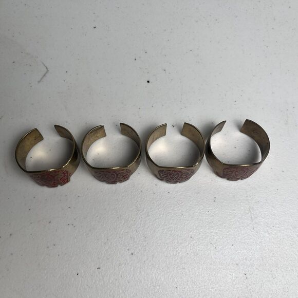 Vintage Brass Elephant Animal Napkin Rings Set Of 4 Marked India Gold Tone & Red - Picture 10 of 13